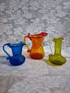 Vintage Rainbow / Viking Glass Co Crackle Pitchers Creamers Lot Of Three